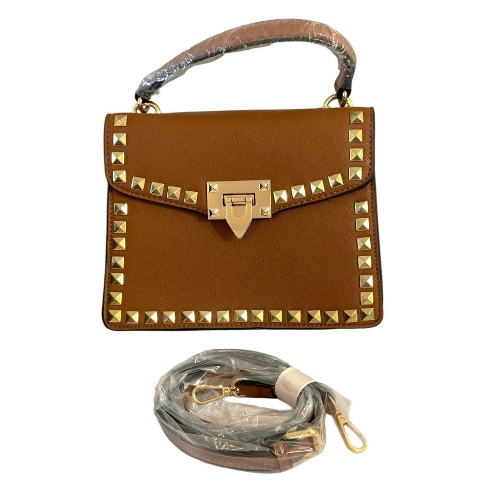 VENUS Handbag Crossbody Bag Beige Brown Leather Gold Studs Clutch Purse Designer